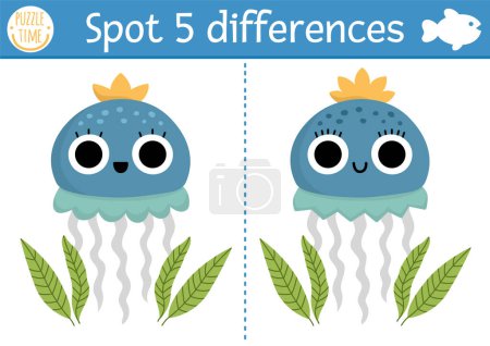 Illustration for Find differences game for children. Under the sea educational activity with cute jellyfish. Ocean life puzzle for kids with water animal character. Underwater printable worksheet or pag - Royalty Free Image