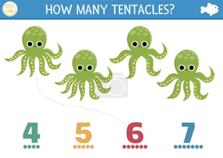 Téléchargez les illustrations : Faites correspondre les nombres sous le jeu de la mer avec pieuvre et tentacules. Ocean life math activity for preschool kids. Feuille de calcul éducative marine avec animal d'eau mignon - en licence libre de droit