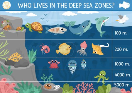 Illustration for Vector under the sea landscape illustration. Ocean life scene poster with animals, dolphin, whale, jellyfish, crab, tortoise. Educational water nature background. Who lives in the deep sea zon - Royalty Free Image