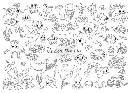Vector black and white under the sea set. Ocean line collection with seaweeds, fish, divers, submarine. Cartoon water animals and weeds. Wreaked ship, dolphin, whale, tortoise coloring pag