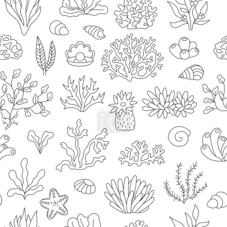 Illustration for Vector black and white seamless pattern with seaweeds. Under the sea line repeat background or coloring page with corals, actinia, seashells, pearl. Ocean life or water weeds digital pape - Royalty Free Image