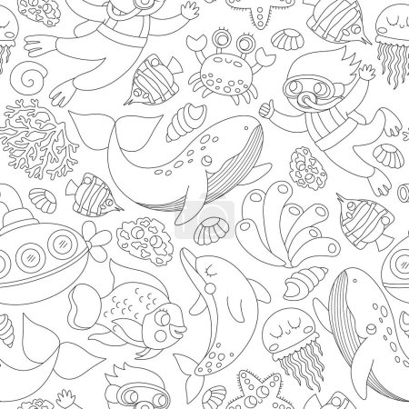 Ilustración de Vector blanco y negro bajo el patrón sin costuras del mar. Repita la línea de fondo con peces, algas marinas, buzos, submarinos. Papel digital Ocean life, página para colorear con animales acuáticos, delfines, ballenas - Imagen libre de derechos
