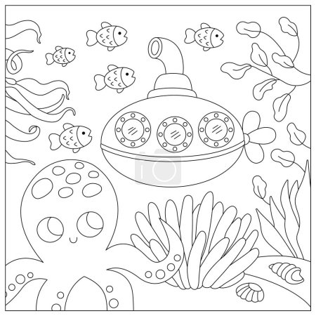Vector black and white under the sea landscape illustration with octopus and submarine. Ocean life line scene with sand, seaweeds, corals, reefs. Cute square water nature background, coloring pag