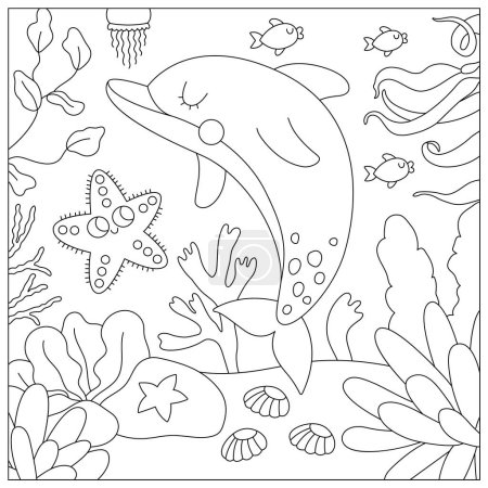 Illustration for Vector black and white under the sea landscape illustration with dolphin and starfish. Ocean life line scene with sand, seaweeds, corals, reefs. Cute square water nature background, coloring pag - Royalty Free Image