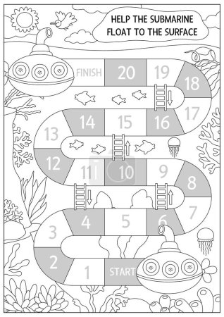 Illustration for Under the sea black and white dice board game for kids with submarine. Ocean line boardgame with reef, seaweeds.  Water adventures printable activity, coloring page. Help boat float to surfac - Royalty Free Image