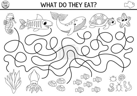 Illustration for Under the sea black and white maze for kids with turtle, whale, shark, seahorse. Ocean line preschool printable activity with fish, food. Water labyrinth game, coloring page. What do they ea - Royalty Free Image