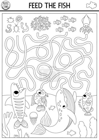 Téléchargez les illustrations : Sous la mer labyrinthe noir et blanc pour les enfants avec tortue, baleine, requin, basse, perroquet. Ocean line activité préscolaire avec poissons, nourriture. Jeu de labyrinthe d'eau, page à colorier. Nourrissez les fis - en licence libre de droit