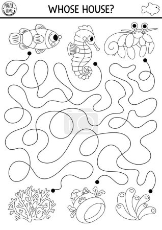 Unter dem Meer schwarz-weißes Labyrinth für Kinder mit Clownfischen, Seepferdchen, Einsiedlerkrabben und ihren Häusern. Ocean line vorschule druckbare aktivität mit korallen, muschel. Wasserlabyrinth-Spiel, Färbung pag