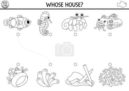 Illustration for Under the sea black and white matching activity with cute fish and houses. Water line puzzle with clownfish, seahorse, catfish. Match objects game. Printable worksheet. Ocean coloring pag - Royalty Free Image