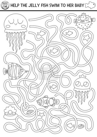 Illustration for Under the sea black and white maze for kids with marine landscape, jelly fish, clownfish. Ocean line preschool printable activity. Water labyrinth game, coloring page. Help jellyfish swim to bab - Royalty Free Image