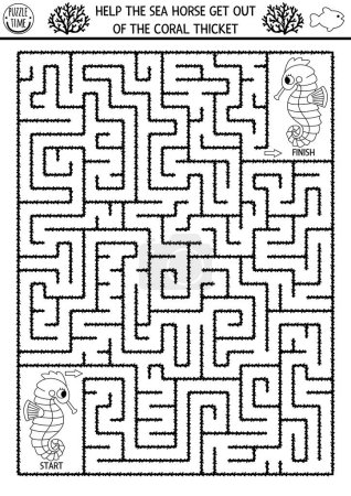 Illustration for Under the sea black and white geometrical maze for kids with seahorse. Ocean line preschool printable activity. Water labyrinth coloring page. Help the sea horse get out of the coral thickes - Royalty Free Image