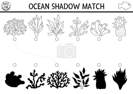 Illustration for Under the sea black and white shadow matching activity. Ocean line puzzle with cute seaweeds. Find correct silhouette printable worksheet or game. Water plants coloring page for kid - Royalty Free Image