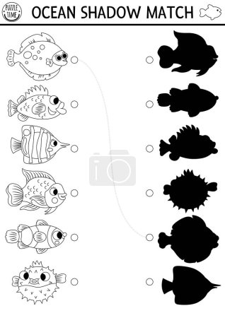 Téléchargez les illustrations : Sous la mer noir et blanc ombre correspondant à l'activité avec les poissons. Puzzle de la ligne de l'océan avec flet mignon, basse, clownfish. Trouvez la feuille de calcul imprimable de la silhouette correcte. Animaux aquatiques coloriage pag - en licence libre de droit