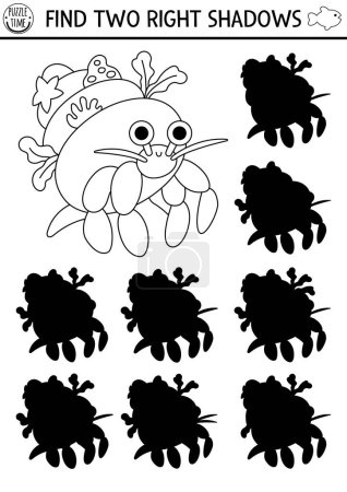 Under the sea black and white shadow matching activity. Ocean line puzzle with cute jellyfish. Find correct silhouette printable worksheet. Water animal coloring page for kids with hermit cra