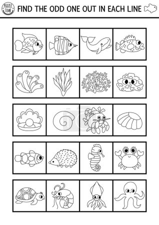 Illustration for Find the odd one out. Under the sea black and white logical activity. Ocean life line educational quiz worksheet for kids for attention skills. Simple water animals coloring pag - Royalty Free Image