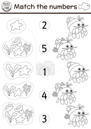 Illustration for Match the numbers under the sea black and white game with hermit crab and shell house. Ocean life line math activity for preschool kids. Marine educational counting coloring page with water anima - Royalty Free Image