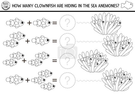Illustration for How many clownfish game. Under the sea black and white math addition activity for preschool children. Simple ocean life line printable counting coloring page for kids with water animals, fish, seaweed - Royalty Free Image