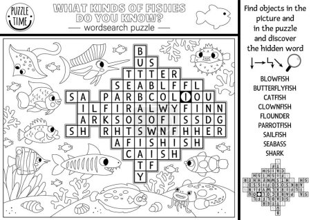 Téléchargez les illustrations : Vecteur noir et blanc sous le puzzle de recherche de mots de mer pour les enfants. Simple ligne de vie océan mot de recherche quiz pour les enfants. Animaux aquatiques et coloriage des poissons. Quel genre de poissons savez-vous - en licence libre de droit