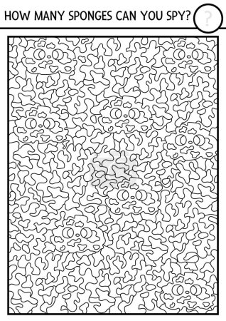 Vector black and white under the sea searching game with sponges. Spot hidden water animals. Simple ocean life seek and find printable activity or coloring page for kids. Visual attention qui
