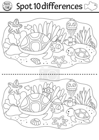 Illustration for Find differences game for children. Black and white educational activity with cute tortoise, baby and sea landscape. Ocean life line puzzle for kids with boat. Underwater printable coloring pag - Royalty Free Image