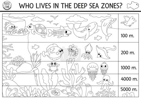 Illustration for Vector black and white under the sea landscape illustration. Ocean life line scene poster with animals. Educational water nature background or coloring age. Who lives in the deep sea zon - Royalty Free Image