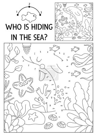 Vector dot-to-dot and color activity with cute dolphin hidden in landscape. Under the sea connect the dots game for children with funny water animal. Ocean life coloring page for kids with fis