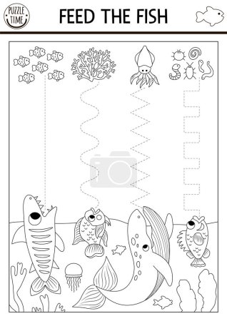Vector under the sea handwriting practice worksheet. Ocean life printable black and white activity for children. Tracing game for writing skills. Feed the fish coloring page with water animal