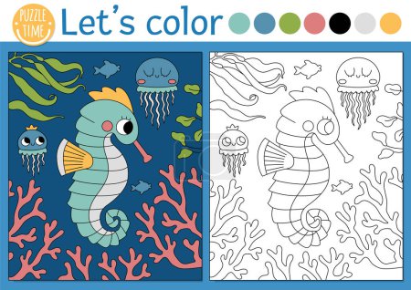 Illustration for Under the sea coloring page for children with seahorse underwater scene. Vector ocean life outline illustration. Color book for kids with colored example. Drawing skills printable workshee - Royalty Free Image
