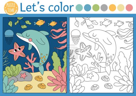 Illustration for Under the sea coloring page for children with dolphin underwater scene. Vector ocean life outline illustration. Color book for kids with colored example. Drawing skills printable workshee - Royalty Free Image