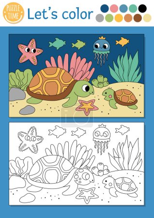 Illustration for Under the sea coloring page for children with tortoise underwater scene. Vector ocean life outline illustration. Color book for kids with colored example. Drawing skills printable workshee - Royalty Free Image