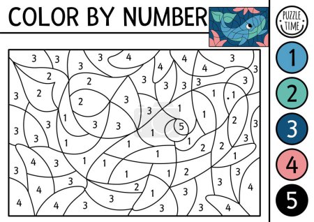 Illustration for Vector under the sea color by number activity with whale and seaweeds. Ocean life scene. Black and white counting game with water animal. Coloring page for kids with underwater landscap - Royalty Free Image