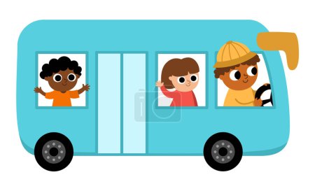 Téléchargez les illustrations : Bus vectoriel bleu avec chauffeur et passagers. Autobus drôle pour les enfants avec garçon et fille mignon. Mignon clip art de véhicule. Icône de transport public isolée sur fond blanc - en licence libre de droit