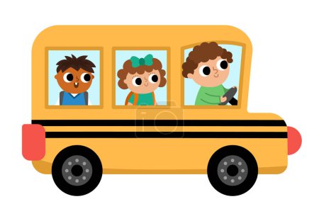 Téléchargez les illustrations : Bus scolaire vectoriel avec chauffeur et passagers. Retour à l'école clipart éducatif. Voiture de transport en commun plat. Icône de transport avec des enfants mignons isolés sur fond blanc - en licence libre de droit
