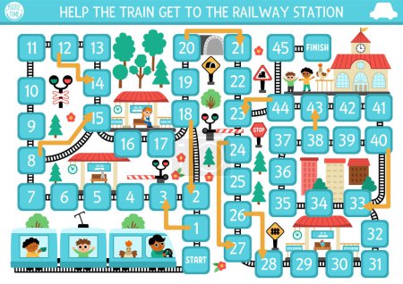 Illustration for City transport dice board game for children with train going to railway station. Railroad transportation boardgame for kids with rails, stops, passengers, barriers, tunnel. Urban printable activit - Royalty Free Image