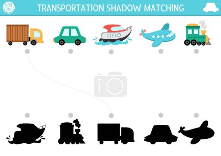 Transportation shadow matching activity. Transport puzzle with cute car, truck, speedboat, plane, train. Find correct silhouette printable worksheet or game. Funny page for kid