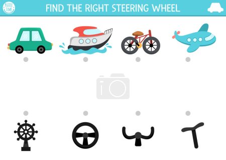 Transportation matching activity with cute transport and missing parts. Match the objects game with car, bike, boat. Match up printable worksheet with vehicle. Find the steering whee