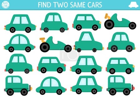 Finden Sie zwei gleiche Autos. Transport passende Aktivität für Kinder. Bildungsquiz für Kinder im Bereich des öffentlichen Verkehrs für Aufmerksamkeitsfähigkeiten. Einfaches druckfähiges Spiel mit niedlichen Fahrzeug