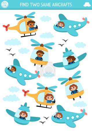 Illustration for Find two same aircrafts. Transportation matching activity for children. Air transport educational quiz worksheet for kids for attention skills. Simple printable game with cute plane, helicopte - Royalty Free Image