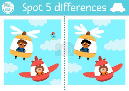 Illustration for Find differences game for children. Transportation educational activity with plane and helicopter with pilots flying in the sky. Cute puzzle for kids with funny transport. Printable workshee - Royalty Free Image