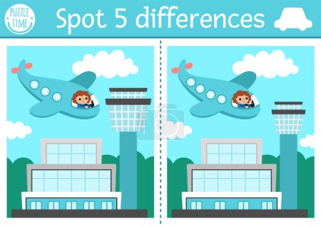 Find differences game for children. Transportation educational activity with plane with girl pilot flying in the sky to the airport. Cute puzzle for kids with funny transport. Printable workshee