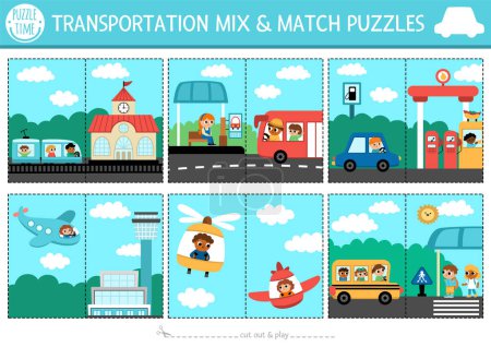 Vector transportation mix and match puzzle with cute scenes with car, train, bus, helicopter, plane. Matching transport activity for kids. Educational printable city vehicles game with place