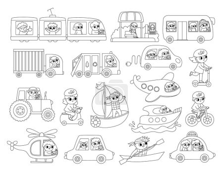Illustration for Vector black and white transportation set with children. Funny line water, land, air transport collection with drivers for kids. Cars and vehicles clip art. Cute car, train, truck, bus icons, coloring pag - Royalty Free Image