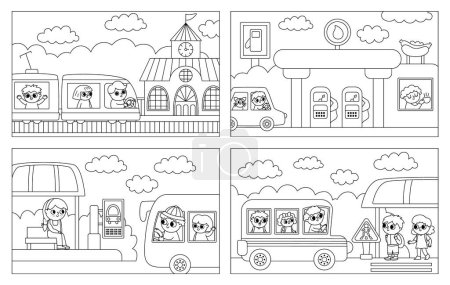 Illustration for Vector black and white transportation scenes set. Cute line kids driving different transport. Horizontal landscapes or coloring page with boys and girls on railway, gas station. Cartoon childre - Royalty Free Image