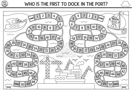 Illustration for City transport black and white competition dice board game with boats, seaport. Water transport boardgame for kids with speedboat, yacht.  Printable line activity or coloring pag - Royalty Free Image