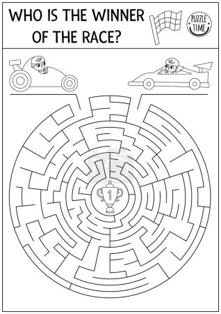 Transportation black and white maze for kids with racing cars on track. Line sport transport preschool printable activity. Round geometric labyrinth game, puzzle. Who is winner of rac