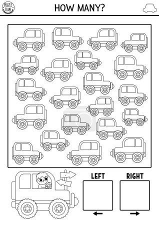 Transportation logic black and white game with right and left concept for kids. I spy searching, counting activity with car. Transport printable space orientation coloring page for preschool childre