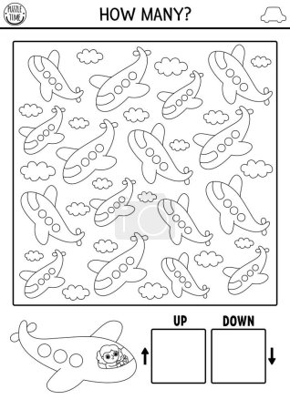 Transportation logic black and white game with up and down concept for kids. I spy searching, counting line activity with plane. Transport printable space orientation worksheet or coloring pag