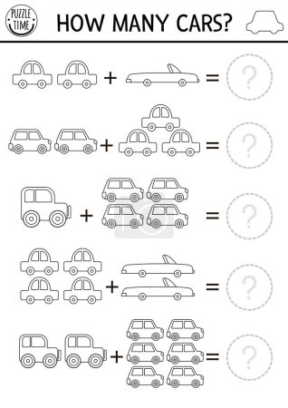 Illustration for How many cars black and white game. Transportation line math addition activity for preschool children. Simple line transport printable counting worksheet or coloring page for kids with cute vehicl - Royalty Free Image