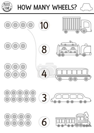 Illustration for Match the numbers black and white transportation game with vehicles. City transport line math activity for kids. Counting worksheet with cute truck, school bus, limo. How many wheels coloring pag - Royalty Free Image