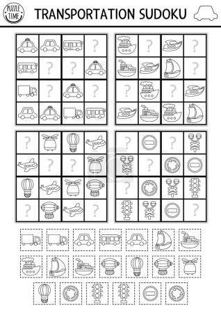 Illustration for Vector transportation sudoku black and white puzzle for kids. Simple transport quiz with cut and glue elements. Education activity or coloring page with car, bus, plane. Draw missing objec - Royalty Free Image